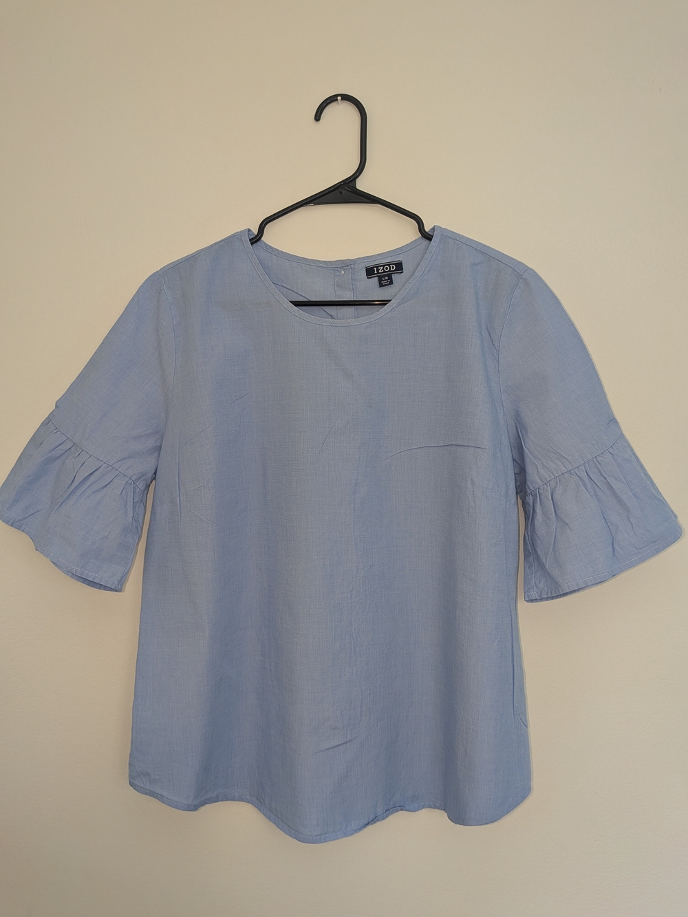 Clean IZOD Women's Light Blue Ruffle Sleeve Back Button Down Top